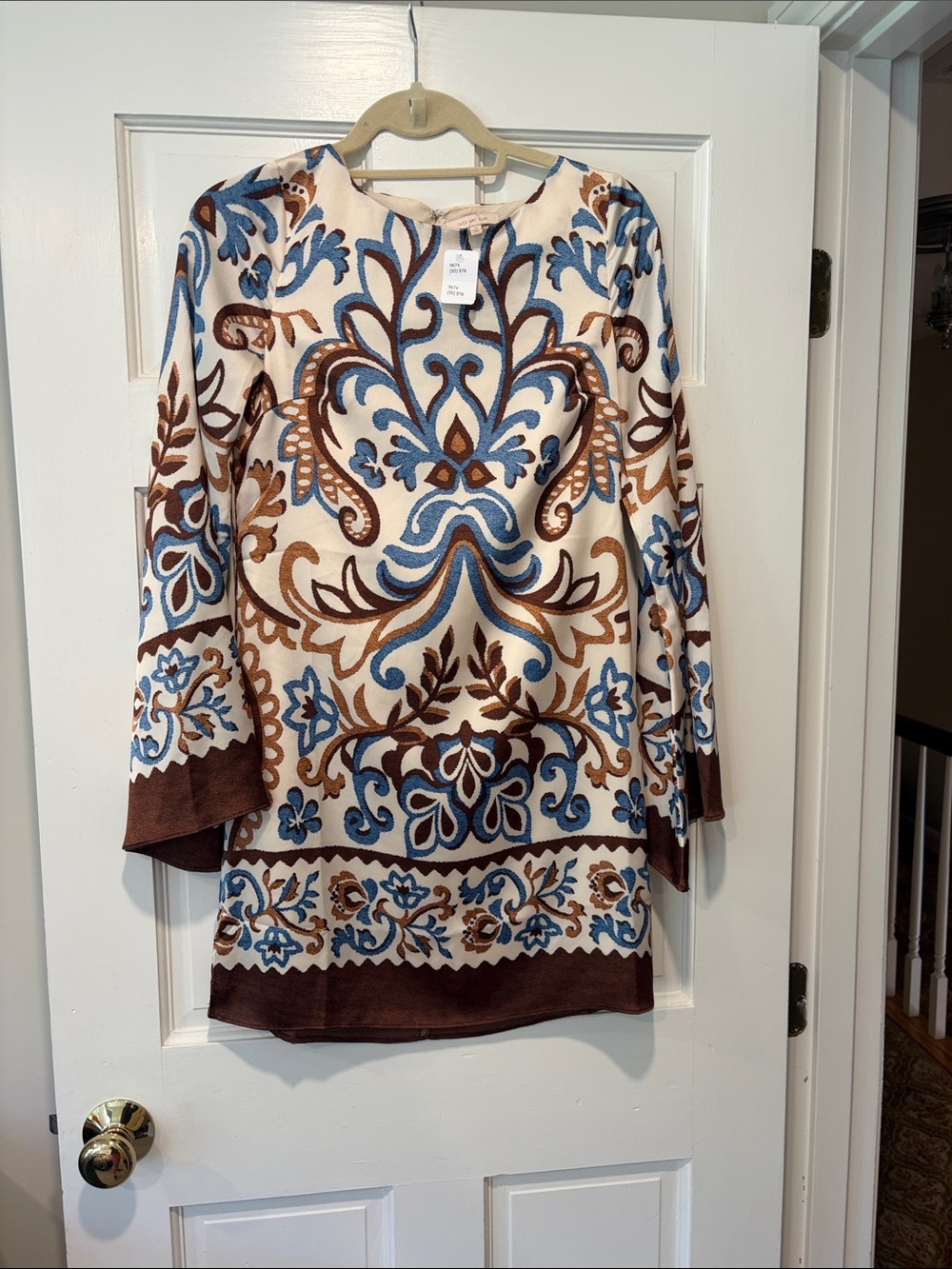 Skies Are Blue Blue and Brown Printed Long-Sleeve Dress